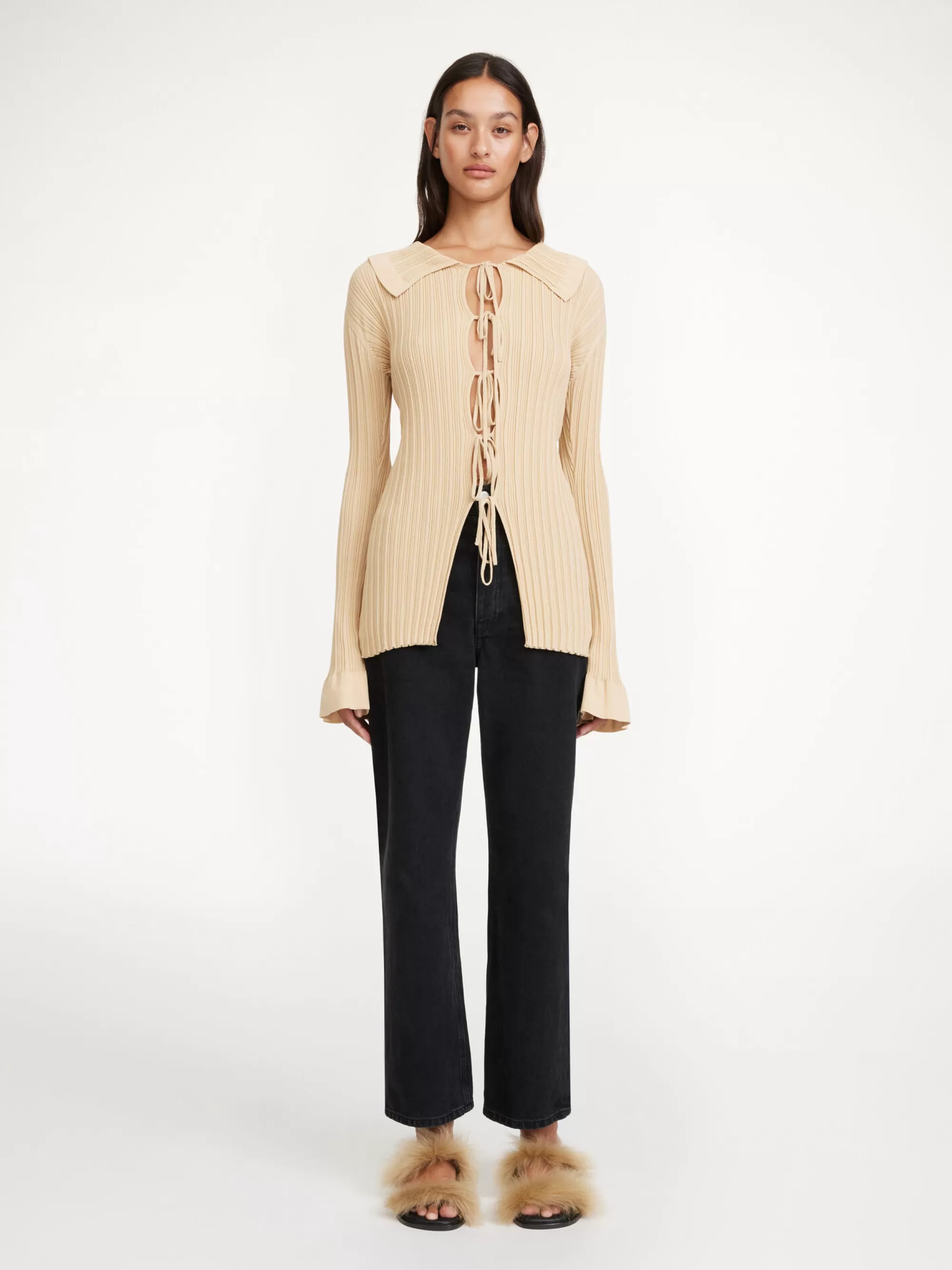 New By Malene Birger Devora Ribstrikket Cardigan Warm Sand